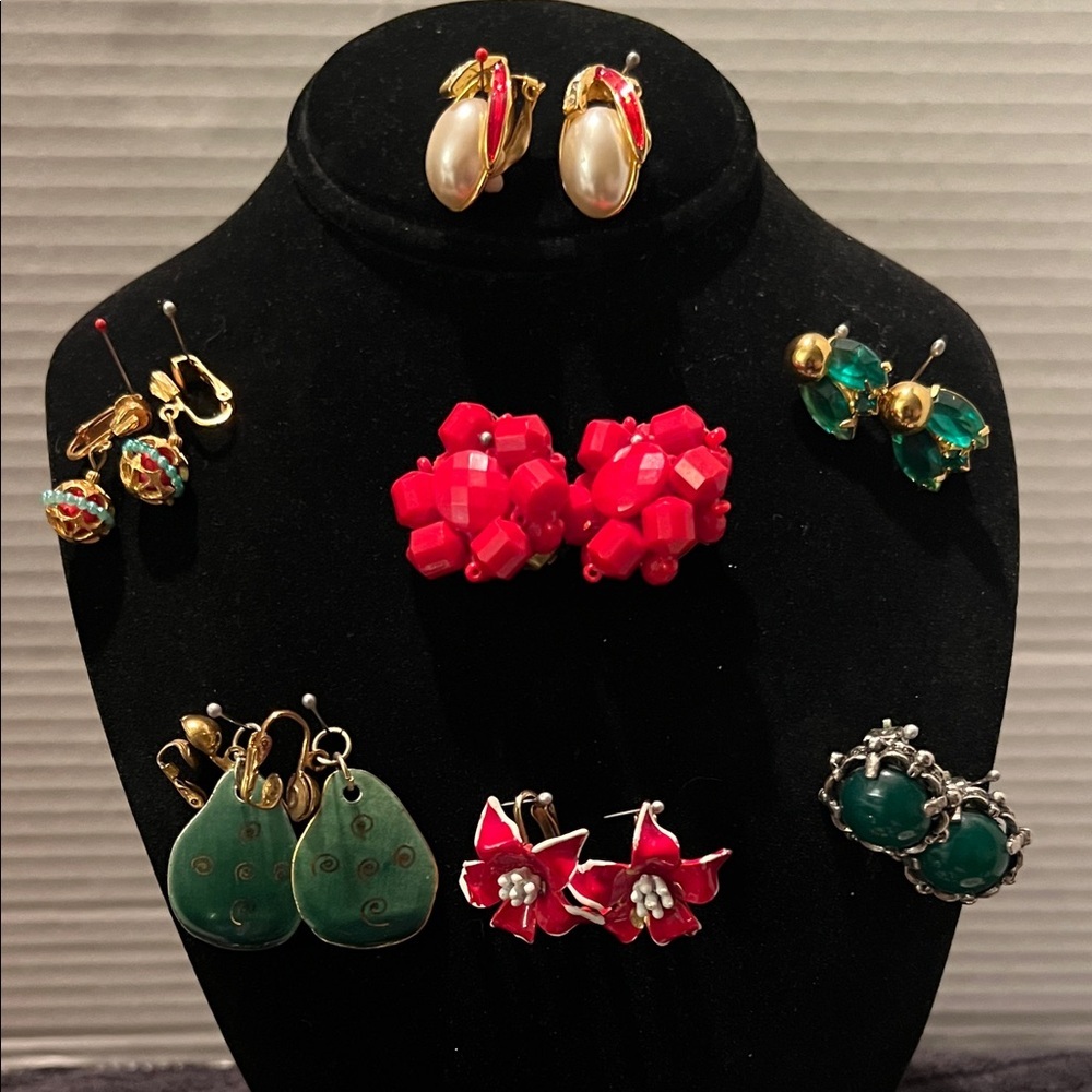 Vintage Red and Green Clip-on Earring Lot